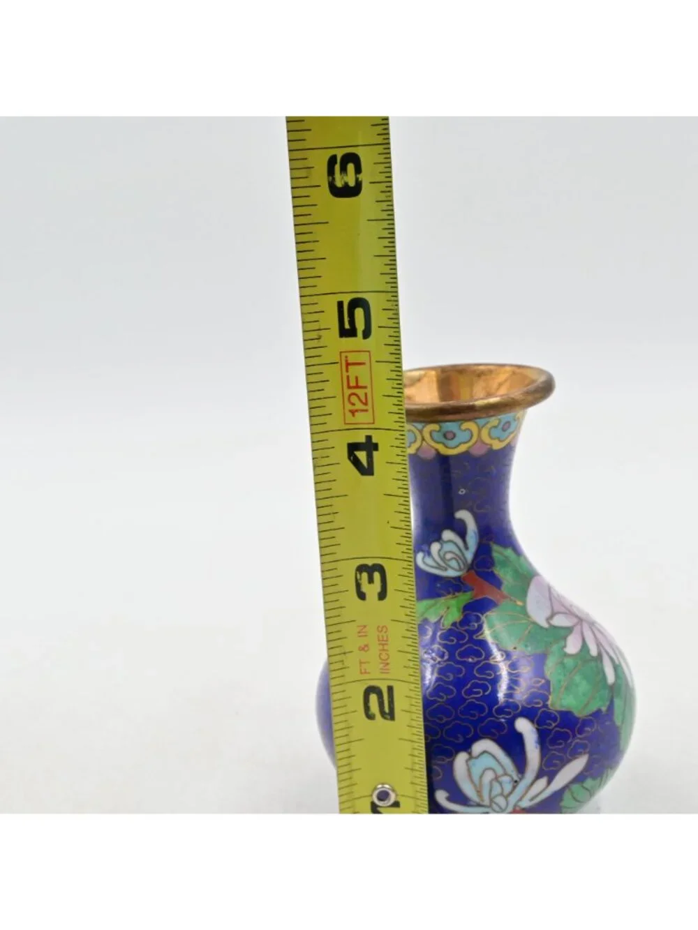 Chinese Cloisonne Miniature Flower Vase Cobalt Blue Enamel Gold Tone Rim 4